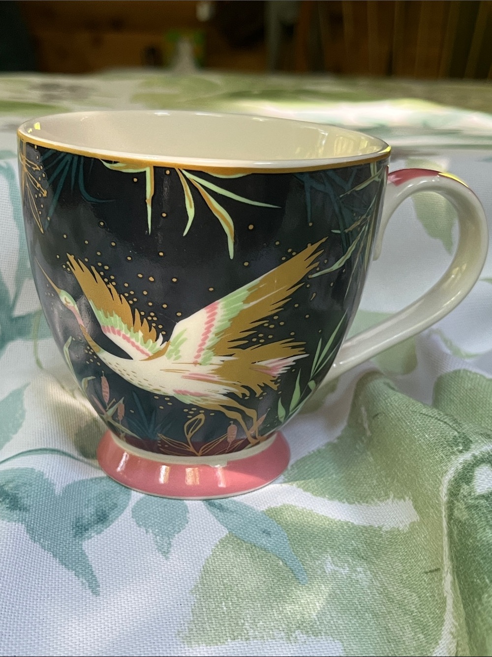 Crane with foliage  Porcelain Teacup with Pink Base gold foil accents